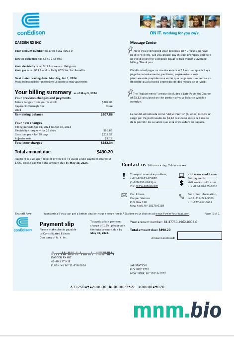 USA Con Edison electricity rachunek za usługi komunalne szablon w formacie Word i PDF
